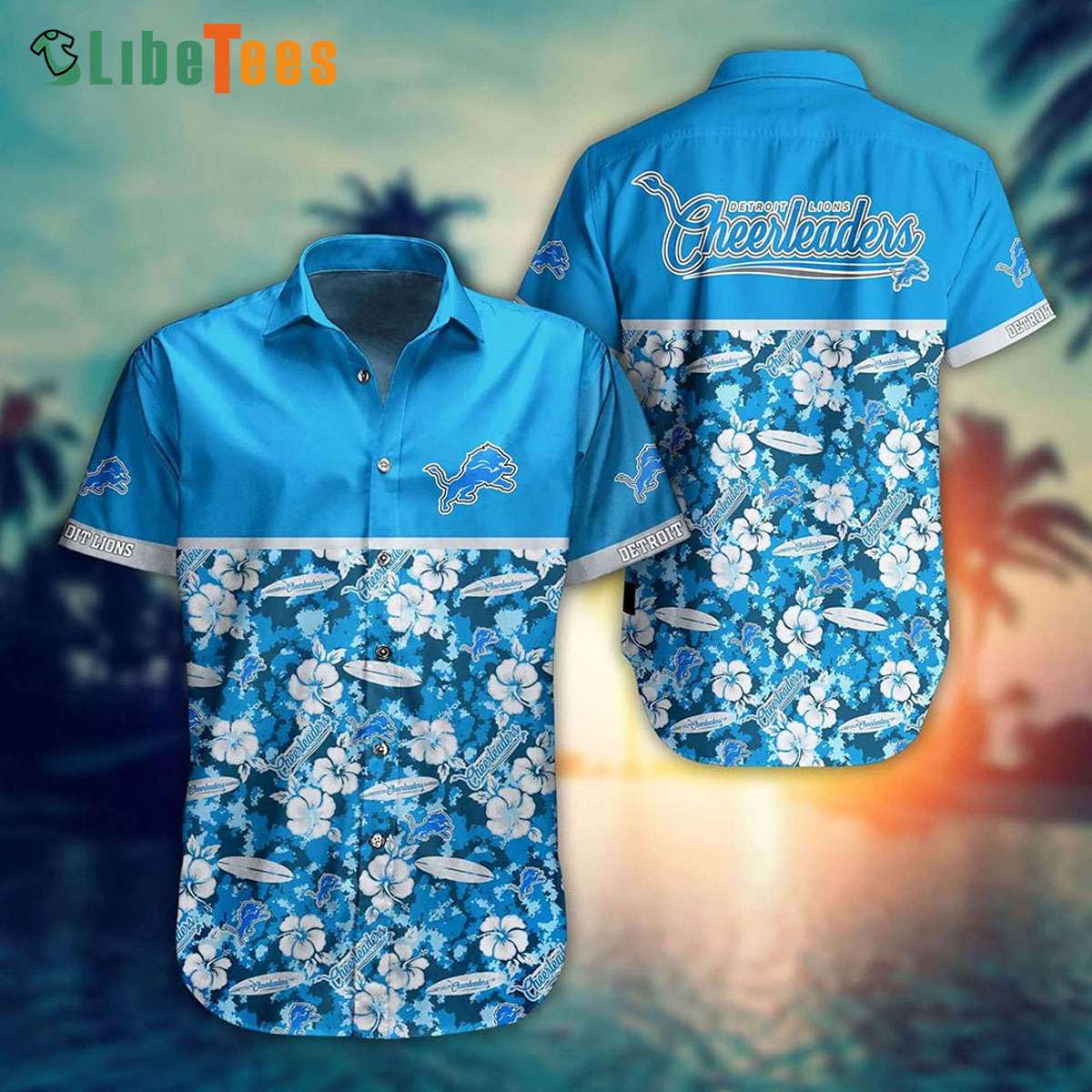 Detroit Lions Hawaiian Shirt, Surfboard And Hibiscus, Hawaiian Print Shirts