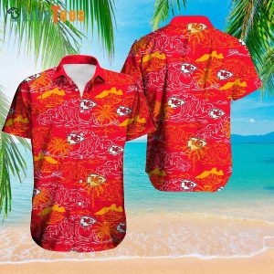 Kansas City Chiefs Hawaiian Shirt, Waves And Coconut Tree Graphic, Cool Hwaiian Shirts