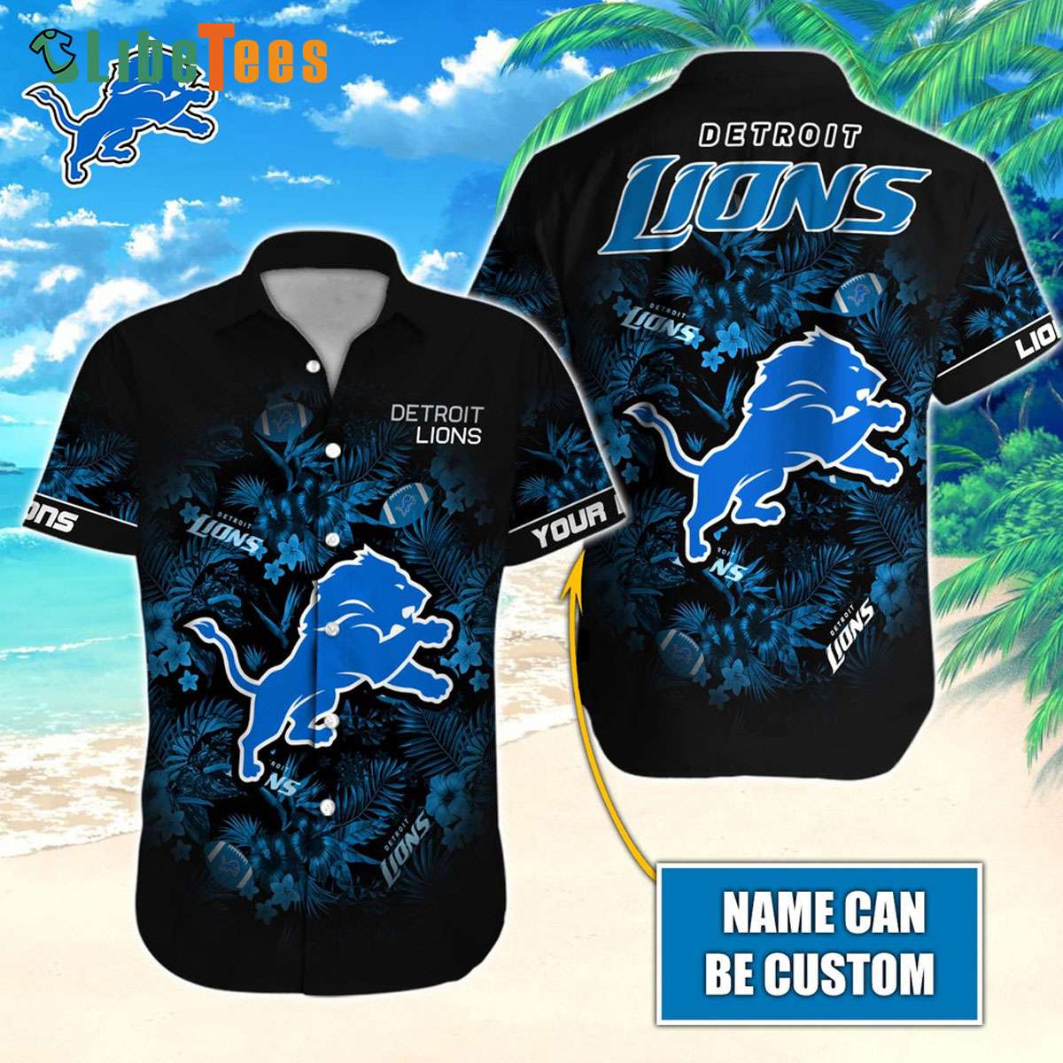 Personalized Detroit Lions Hawaiian Shirt, Black Tropical Pattern And Logo, Cute Hawaiian Shirts