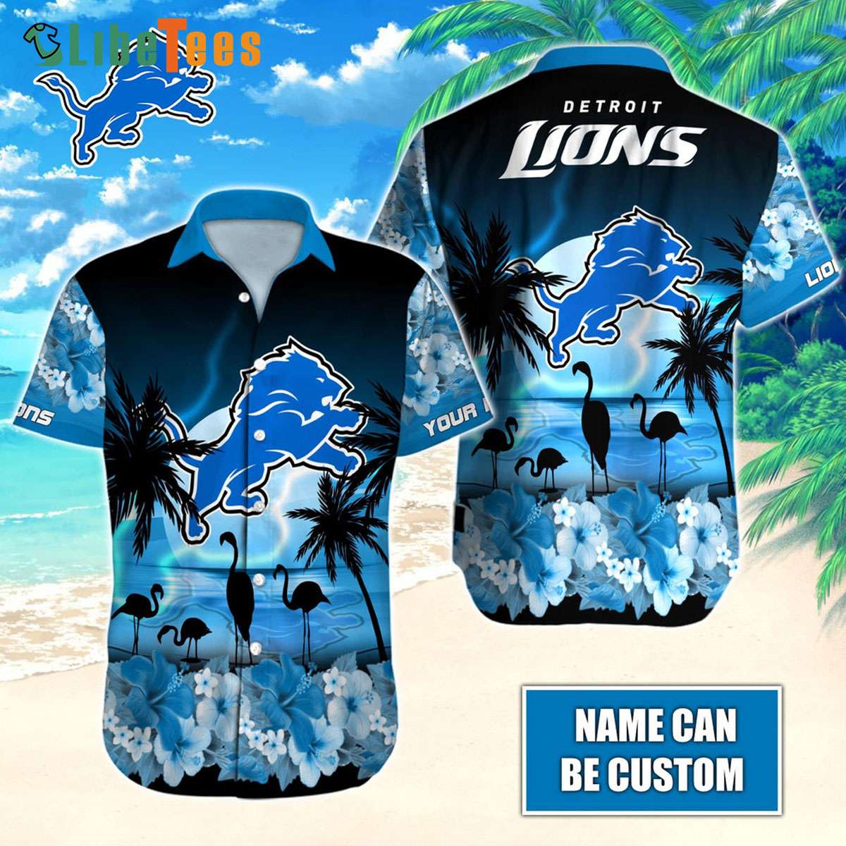 Personalized Detroit Lions Hawaiian Shirt, Flamingos And Tropical Islands, Unique Hawaiian Shirts