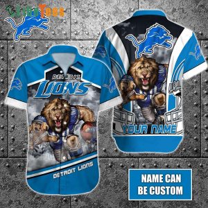 Personalized Detroit Lions Hawaiian Shirt, Mascot And Helmet Graphic, Summer Hawaiian Shirts