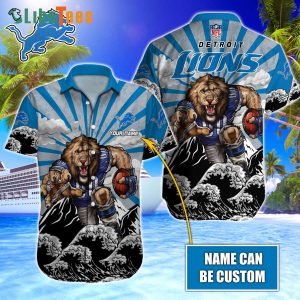 Personalized Detroit Lions Hawaiian Shirt, Mascot And Waves, Tropical Hawaiian Shirt