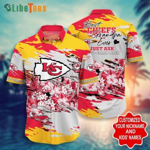 Pesonalized Kansas City Chiefs Hawaiian Shirt, Flowers And Leaves Tropical, Hawaiian Shirt Outfit