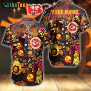 Pesonalized Kansas City Chiefs Hawaiian Shirt, Spooky Halloween Forest, Hawaiian Shirt Outfit