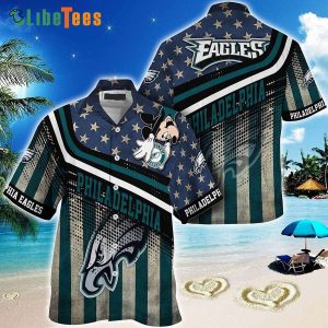 Philadelphia Eagles Hawaiian Shirt, Mickey Graphic American Flag Printed, Hawaiian Beach Shirts