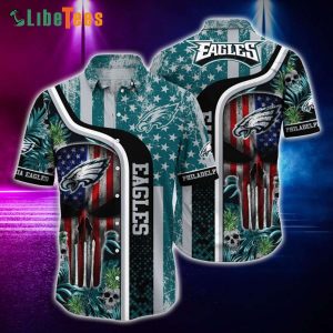 Philadelphia Eagles Hawaiian Shirt, Skull Tropical And American Flag Graphic, Hawaiian Style Shirts