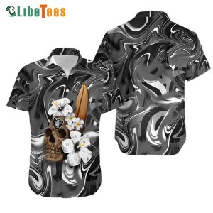 Raiders Hawaiian Shirt,  Skull And Hibiscus Flower, Tropical Hawaiian Shirt